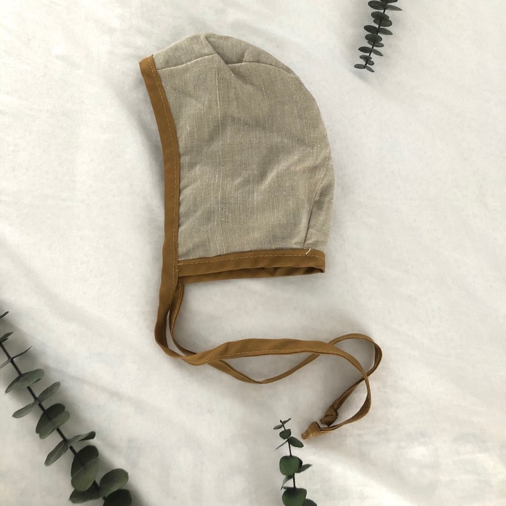 Linen cotton black ochre mustard baby bonnet